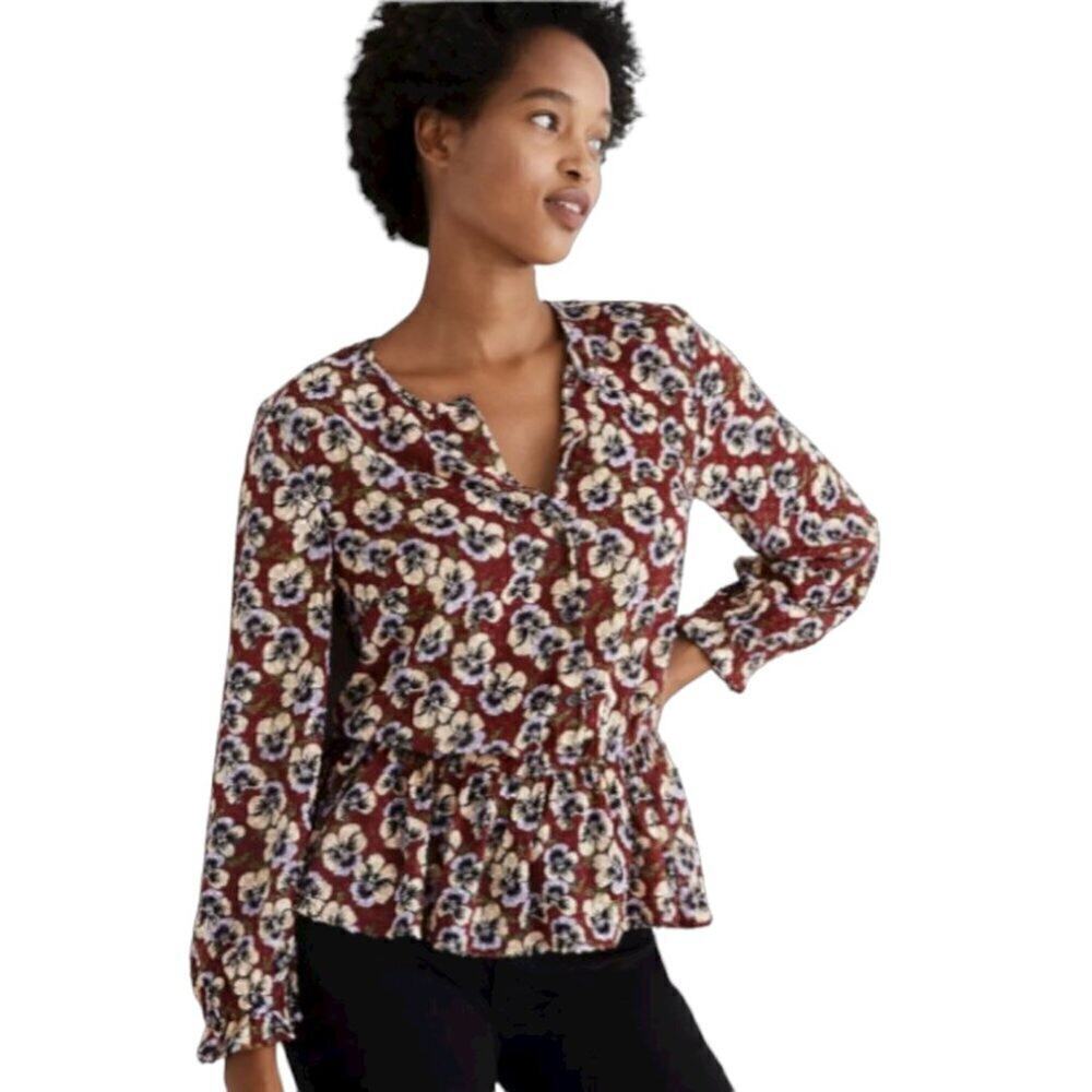 Madewell Women's Viola Floral Drawstring Ruffle-Hem Top Size L